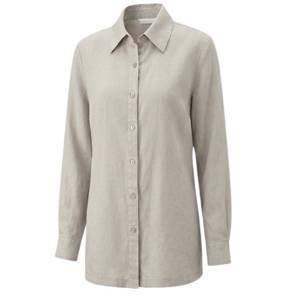 Lucy Pereda Button-Up Shirt Women's L 100% linen Sand Color Coastal Summer Chic